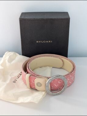 BVLGARI "Logomania" Pink Logo Canvas Belt with Silver-Tone Buckle Size 105/42